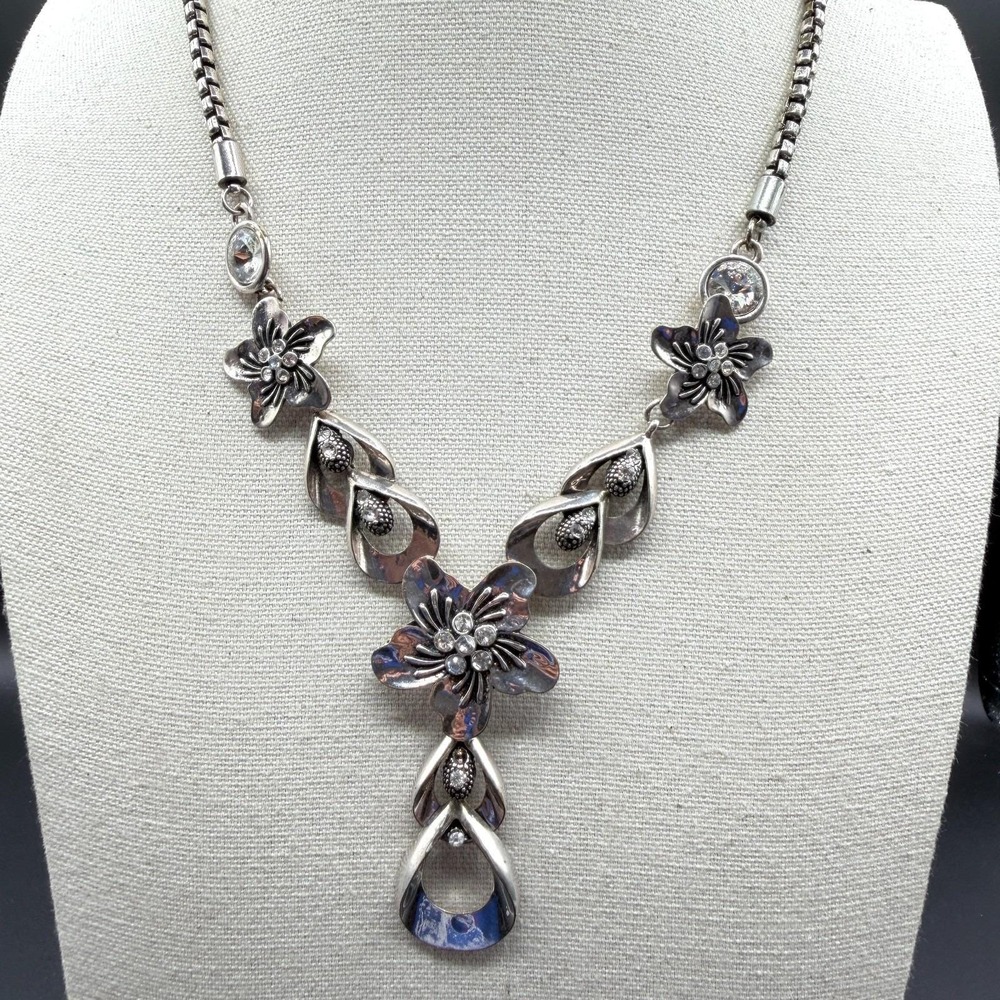 Silver Tone Flower Rhinestone Y Drop Necklace Crystal Statement Boho Necklace